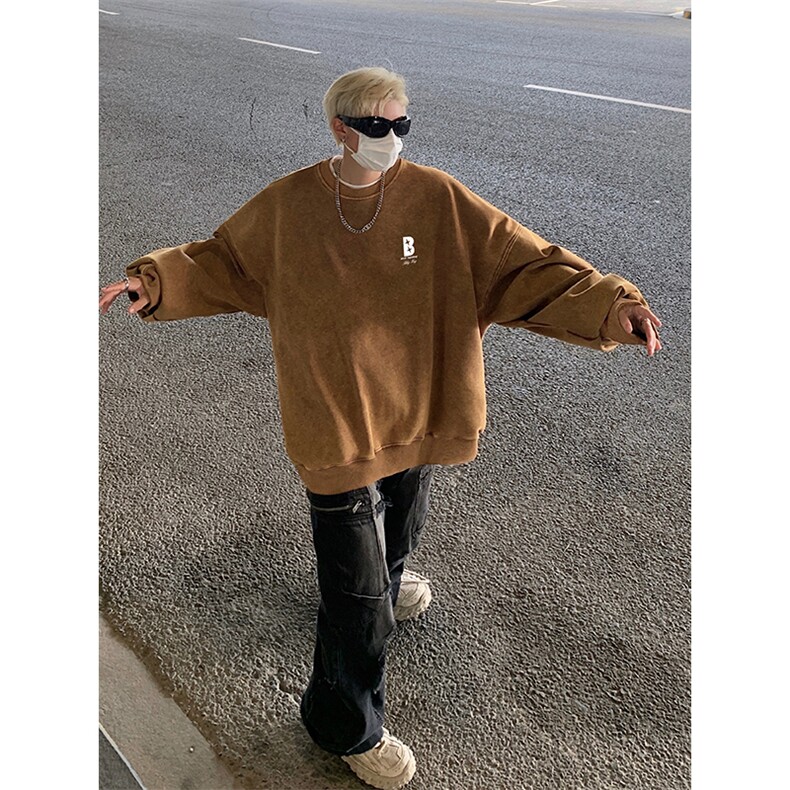 得物抖音高品质二开360克重磅做旧炒雪花纯色圆领水洗卫衣1520,男装卫衣,电商A486