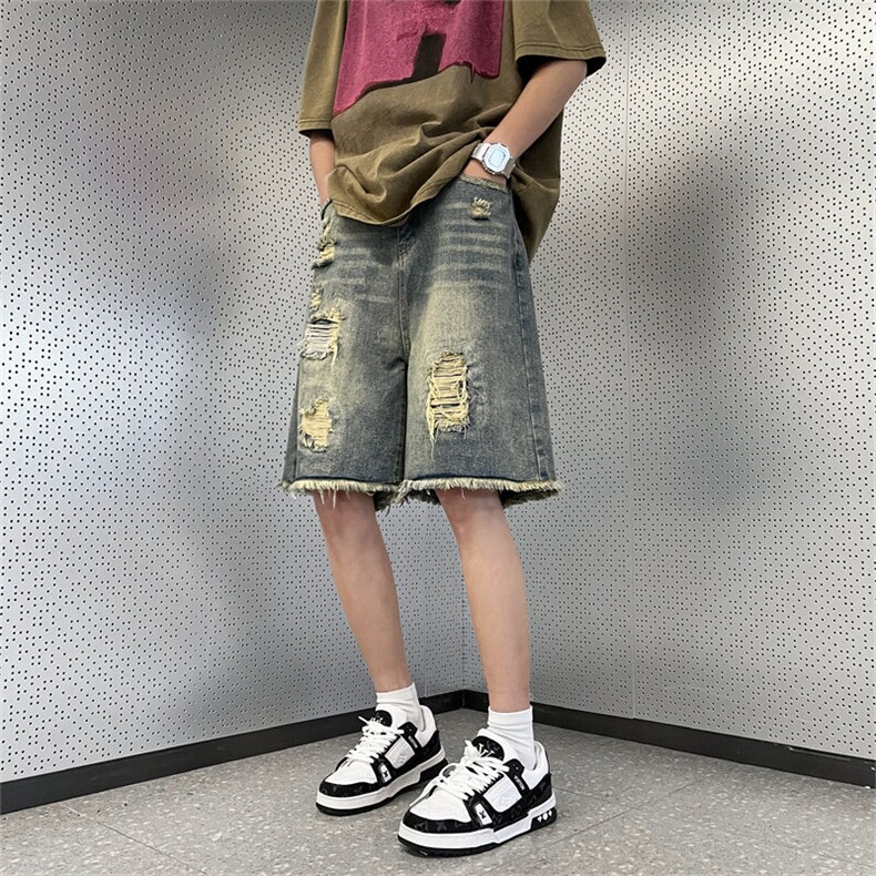 美式高街破洞毛边牛仔短裤男款夏季潮牌复古阔腿裤FM619P38,男装牛仔裤,星座1013-1