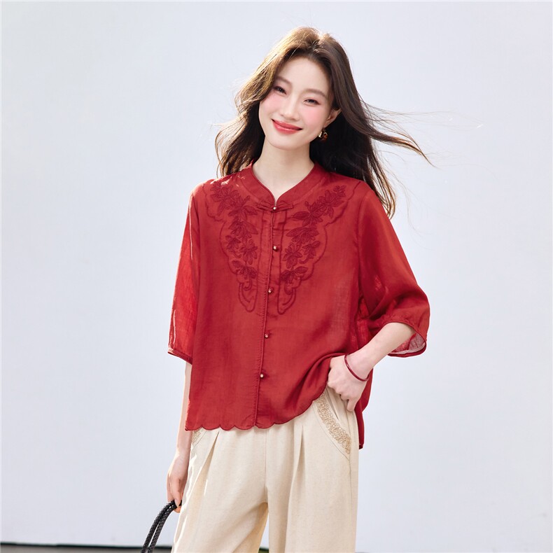 长期现货2026苎麻刺绣天丝上衣女夏季薄款中袖衬衫中老年妈妈T恤,女装衬衫,璐依舞