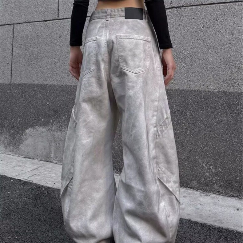 2025美式高街解构拼接设计感脏染白弯刀牛仔裤男女宽松阔腿长裤,男装牛仔裤,星座506A