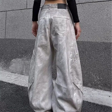 2025美式高街解构拼接设计感脏染白弯刀牛仔裤男女宽松阔腿长裤，男装牛仔裤，星座506A