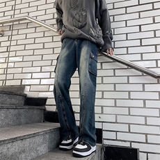 秋款男牛仔裤工装大口袋侧边开叉拉链休闲直筒长裤NK723P60，男装牛仔裤，星座1013-1