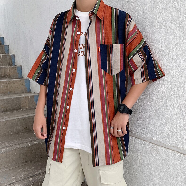 2021夏季新款男士短袖衬衫潮流韩版撞色格子宽松衬衣TX011-P35,男装衬衫,电商A128