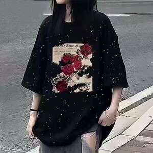 美式满天星重磅复古纯棉短袖T恤男轻奢春季ins仿刺绣印花高街潮牌图片