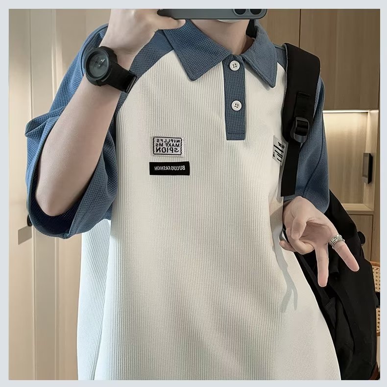 C305-P30夏季新款撞色polo衫短袖上衣男美式复古ins五分袖t恤,男装Polo衫,星座512-6