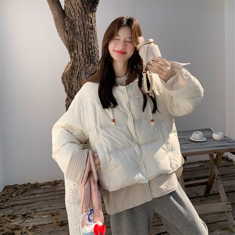 白色撞色拼接假两件保暖针织连帽羽绒服190-5083-90-P350K488,女装羽绒服,2B190