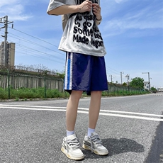 港风夏款男短裤冰丝褶皱条纹拼色宽松五分裤D140P33，男装牛仔裤，星座1013-1