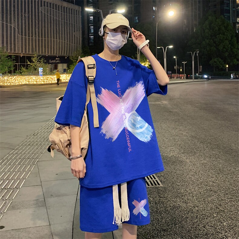 套装！夏季华夫格套装男T恤短裤男两件套大码港风TZ13-P50,男装休闲套装,电商B367
