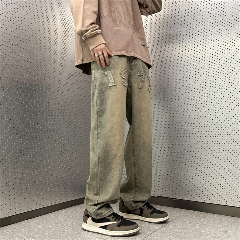 春款刺绣水洗做旧牛仔裤男宽松直筒美式高街长裤子复古N08139-P45图片