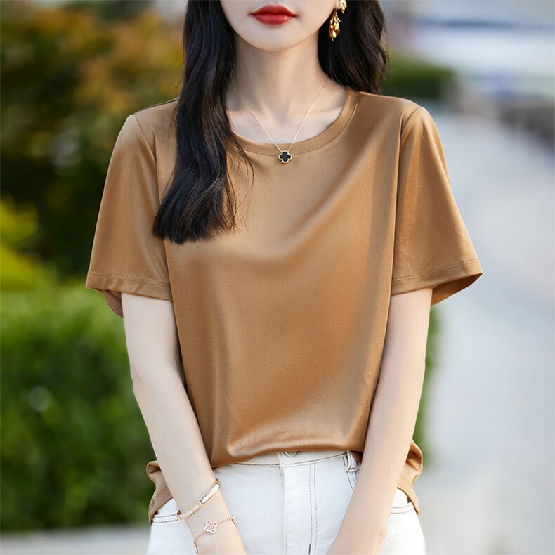 高级感三醋酸垂感缎面短袖t恤女一字领褶皱宽松薄款气质半袖上衣,女装T恤,臻维羊绒