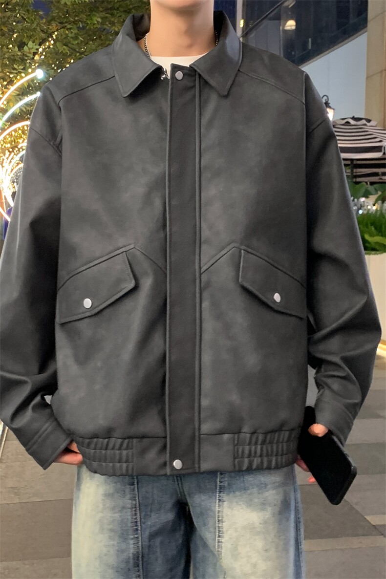 新款中性风户外夹克男翻领纯色上衣皮衣外套A157B-J2521-特P85,男装夹克,电商A157B
