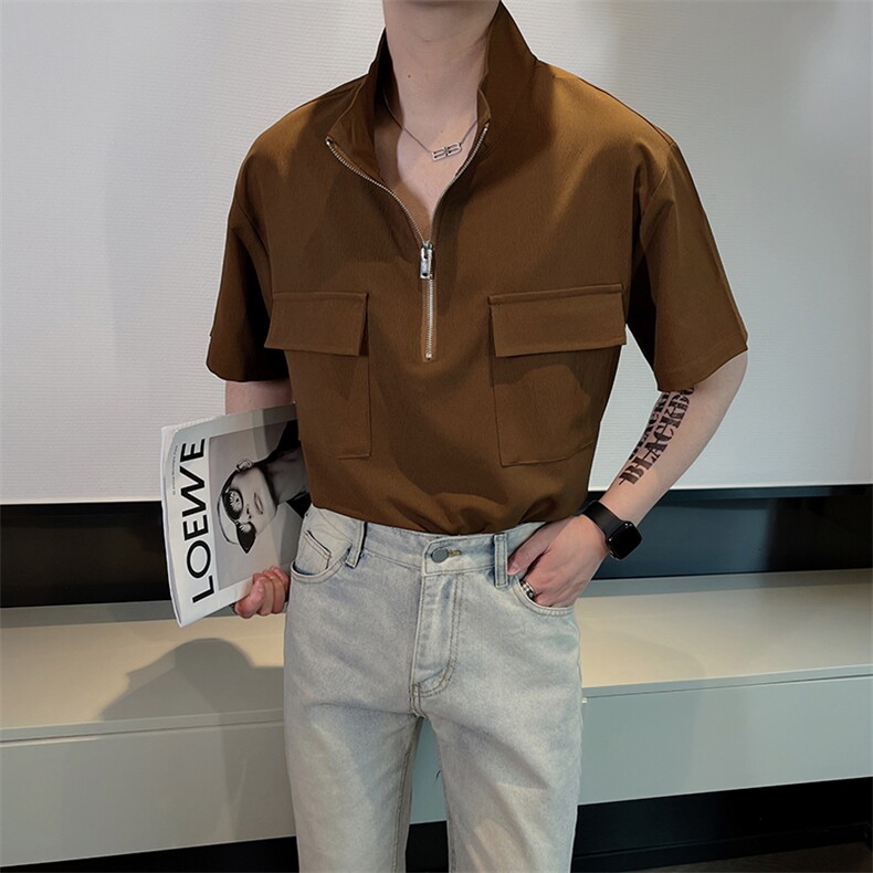 夏季半拉连衬衫男垂感休闲小众短袖T恤衬衣潮流套头CS805-P55控78,男装T恤,电商B267