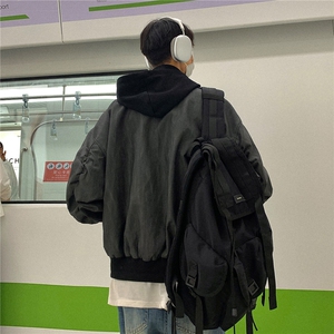 24秋装 美式复古假两件皮衣棒球服连帽中性夹克外套男 H994 P98图片