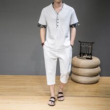 2021中国风夏季亚麻短袖套装男大码棉麻两件套QT6005-TZ06-P65，男装套装，星座1112-5（原712-5）