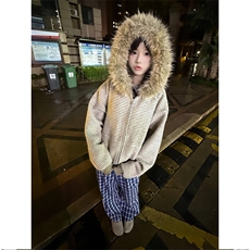 条纹连帽毛领外套男女款秋冬新款装宽松百搭卫衣开衫WY315P88，女装短外套，星座1013-5