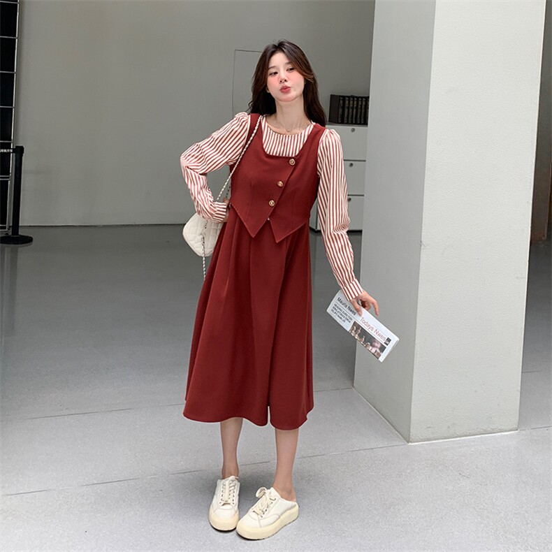法式气质条纹衬衫拼接红色假两件连衣裙女2025春秋季新款收腰显瘦，女装连衣裙，灵力轩