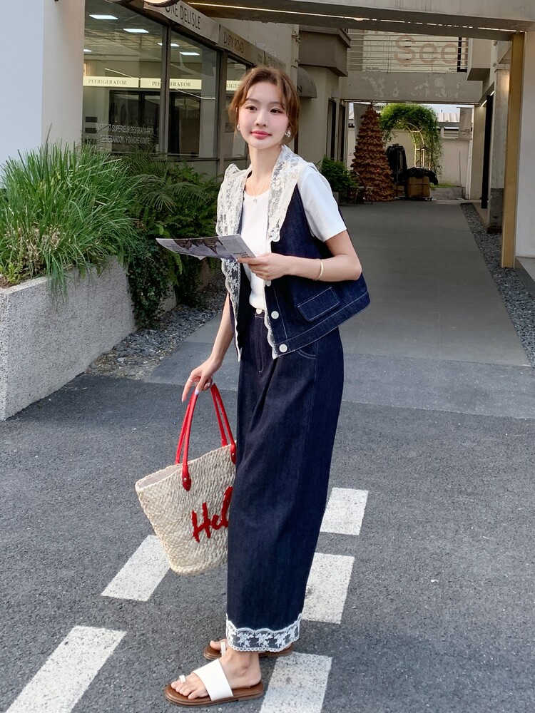 蕾丝连帽牛仔马甲阔腿裤三件套女夏薄款超火独特绝美韩里韩气套装,女装套装/套裙,慧尚依恋