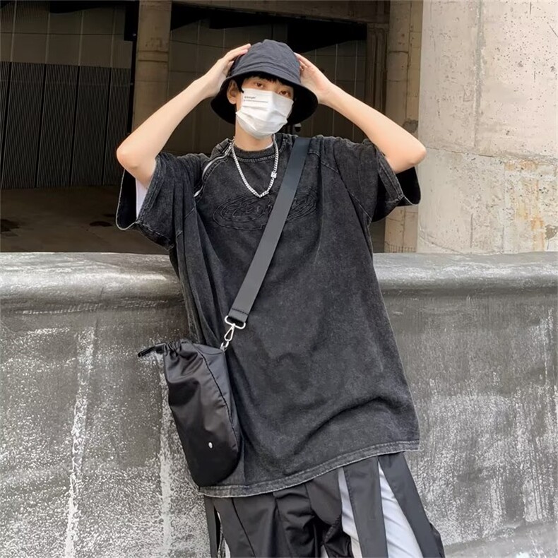 2023春夏季新款男休闲圆领短袖T恤螺口领刺绣拉链半袖E024P42,男装T恤,星座1116-2