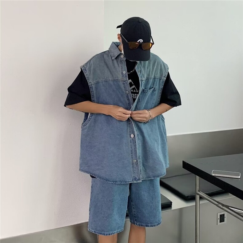 牛仔套装男韩版潮流无袖高街帅气2026夏季ins宽松五分裤W4894-P80,男装牛仔裤,星座412
