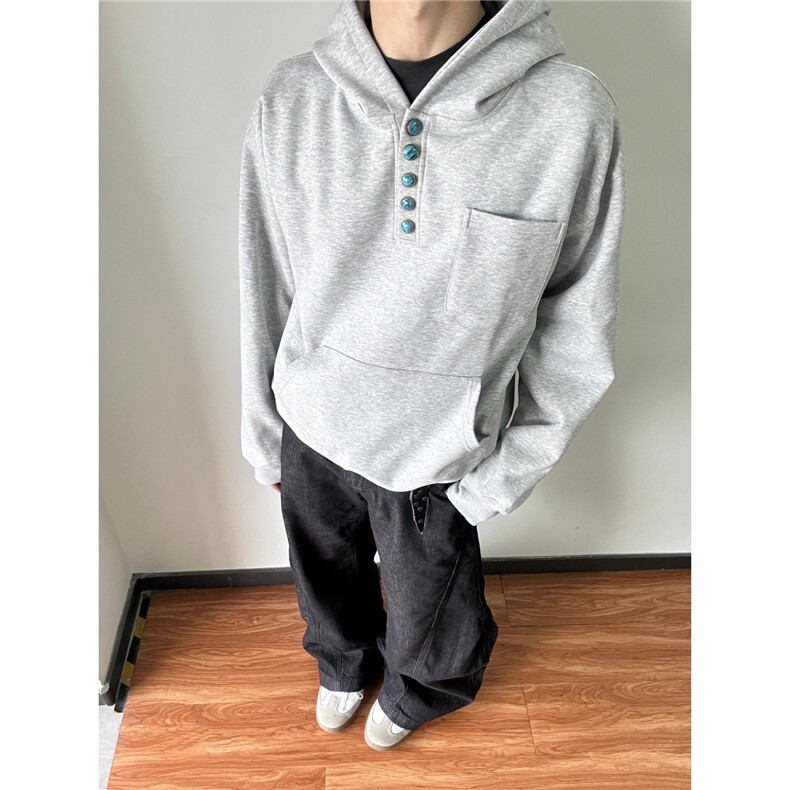 冬季美式复古亨利领连帽厚款卫衣港风时髦纽扣长袖上衣WY90,男装卫衣,星座516A