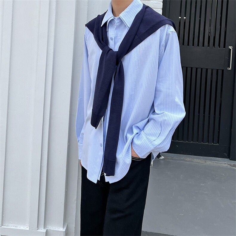 抖音得物品质二开春装美式潮牌披肩条纹长袖衬衫男女休闲宽松衬衣,男装衬衫,电商A443