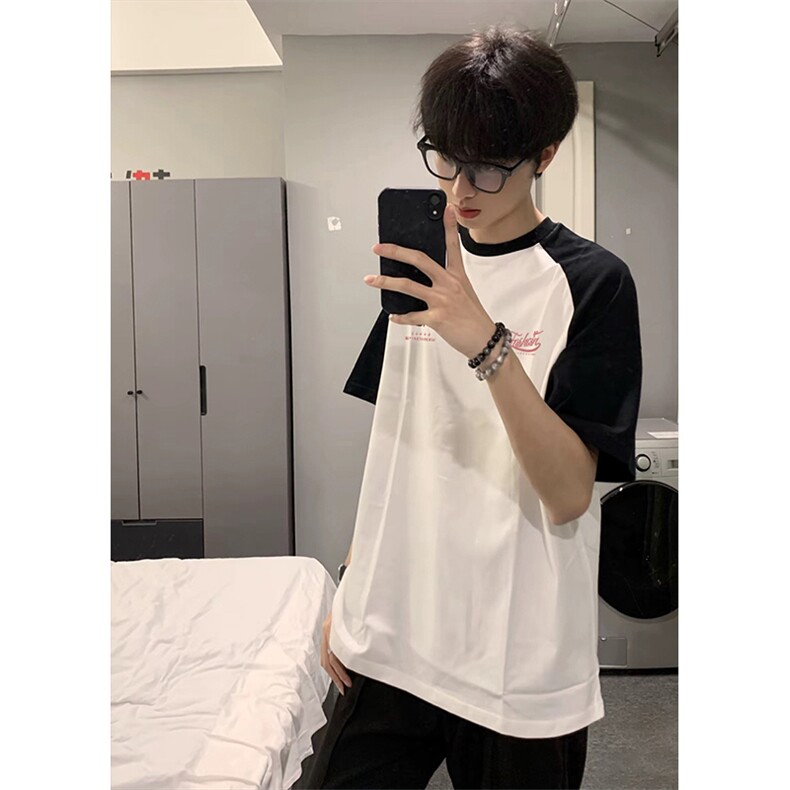 抖音得物高品质二开240克宽松纯棉美式潮牌插肩袖拼接短袖T恤,男装T恤,电商A486