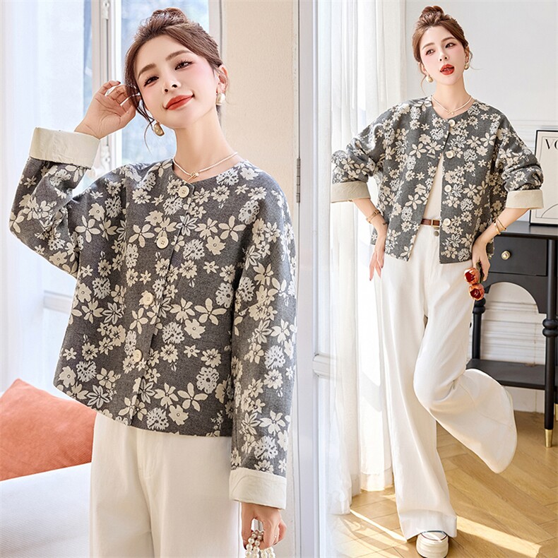 气质印花棉麻短外套女2026春秋新款独特漂亮圆领休闲百搭开衫上衣，女装短外套，美沁