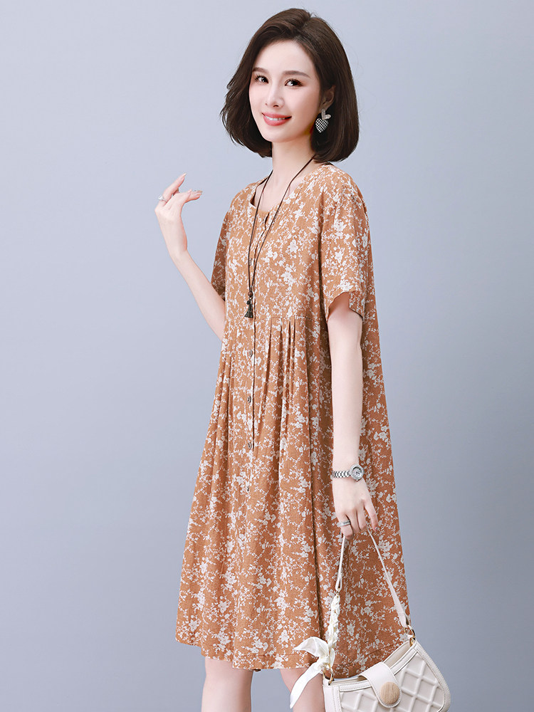 棉麻连衣裙2025夏季新款中年妈妈碎花洋气时尚遮肚子宽松显瘦a裙,女装连衣裙,悦见她