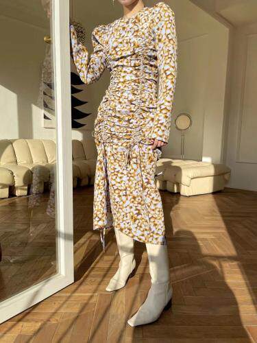 现货圆领褶皱印花长裙，其它，LION&CAT(2F)