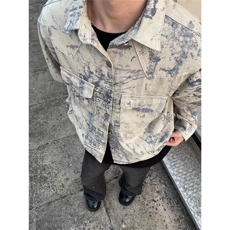 美式复古水洗做旧扎染牛仔夹克男潮牌高街宽松工装外套JA32-P72图片