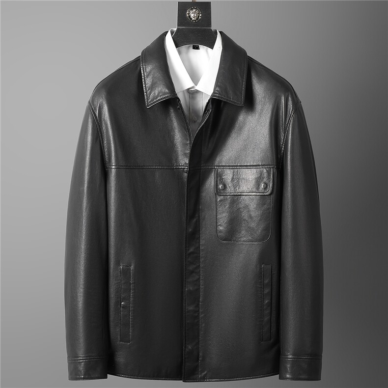 海宁真皮皮衣秋冬季新款中年男士翻领暗扣绵羊皮夹克休闲真皮外套,男装皮衣,电商B360A（原721A）