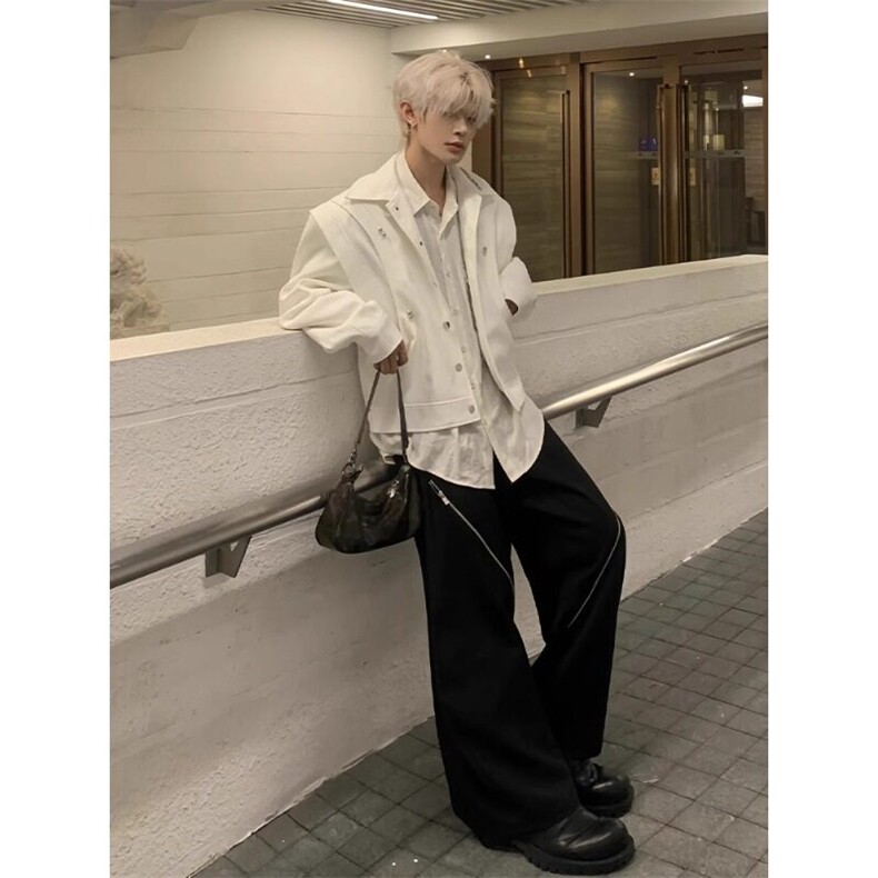 白色解构双层弯刀袖设计短款外套高级感痞帅夹克JK282特P82,男装夹克,星座908-1