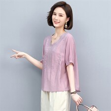 2022夏季新款V领宽松妈妈棉麻风小衫短袖t恤女上衣，女装T恤，忆绮罗