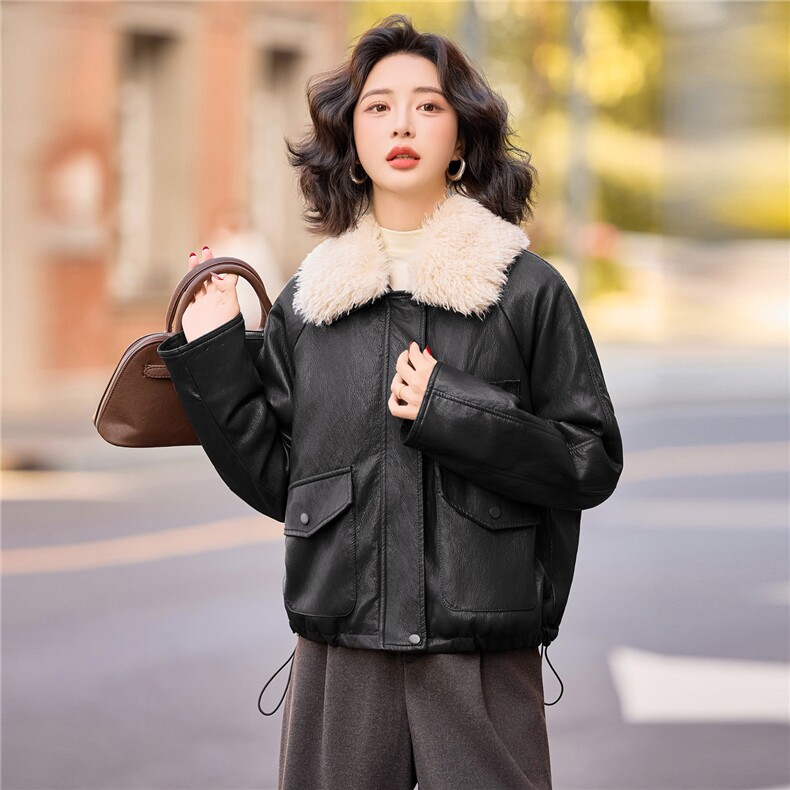 现货时尚洋气毛领短款皮衣女冬新款加绒加厚拼接气质皮衣外套,女装皮衣,美拉德工厂直营店