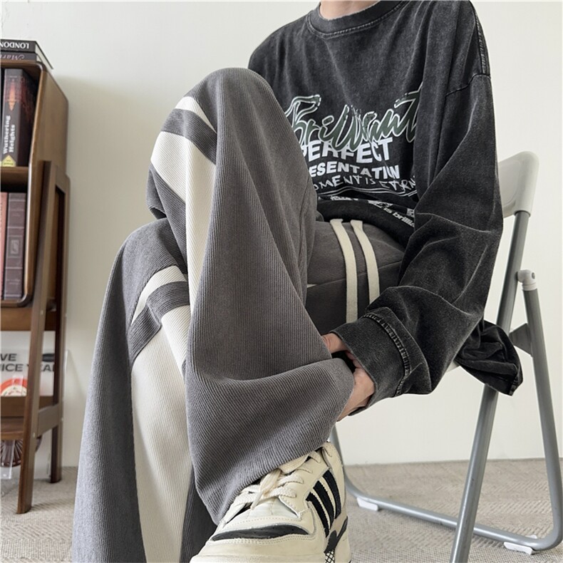 wassuphappy灯芯绒裤子男春秋季潮牌复古撞色休闲裤直筒运动长裤，男装休闲裤，电商D229A