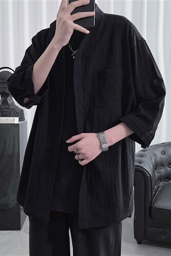 C1020/P28春夏装韩版潮流衬衣立领五分短袖衬衫七分袖大码男控38图片