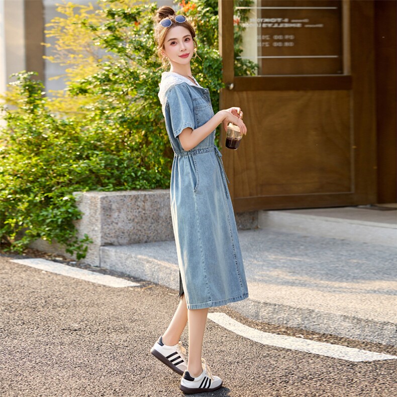 法式复古蕾丝牛仔连衣裙女夏季2025新款宽松收腰显瘦减龄中长裙子,女装连衣裙,瑶迪依秀