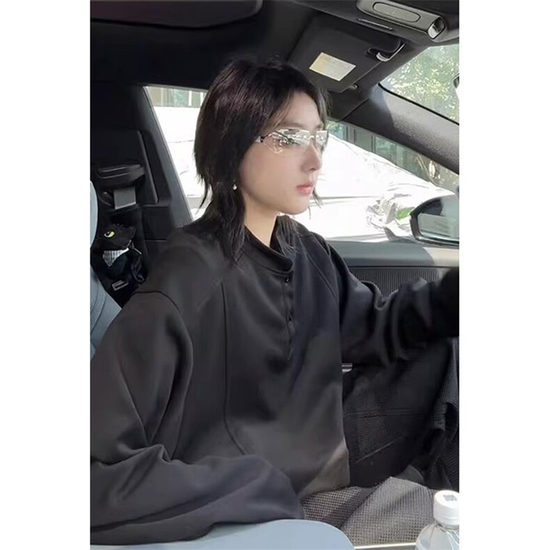 抖音得物品质美式高街重磅曼巴棉拼接cleanfit亨利领卫衣长袖T恤图片