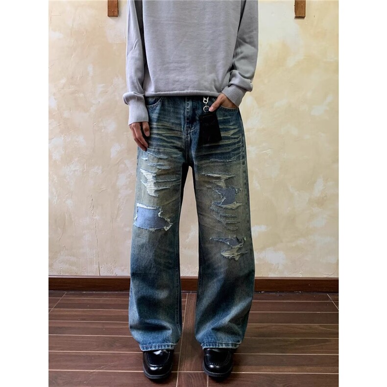 美式做旧直筒破洞补丁牛仔裤男潮高街vibe休闲阔腿裤LN16044-P55,男装牛仔裤,星座1008