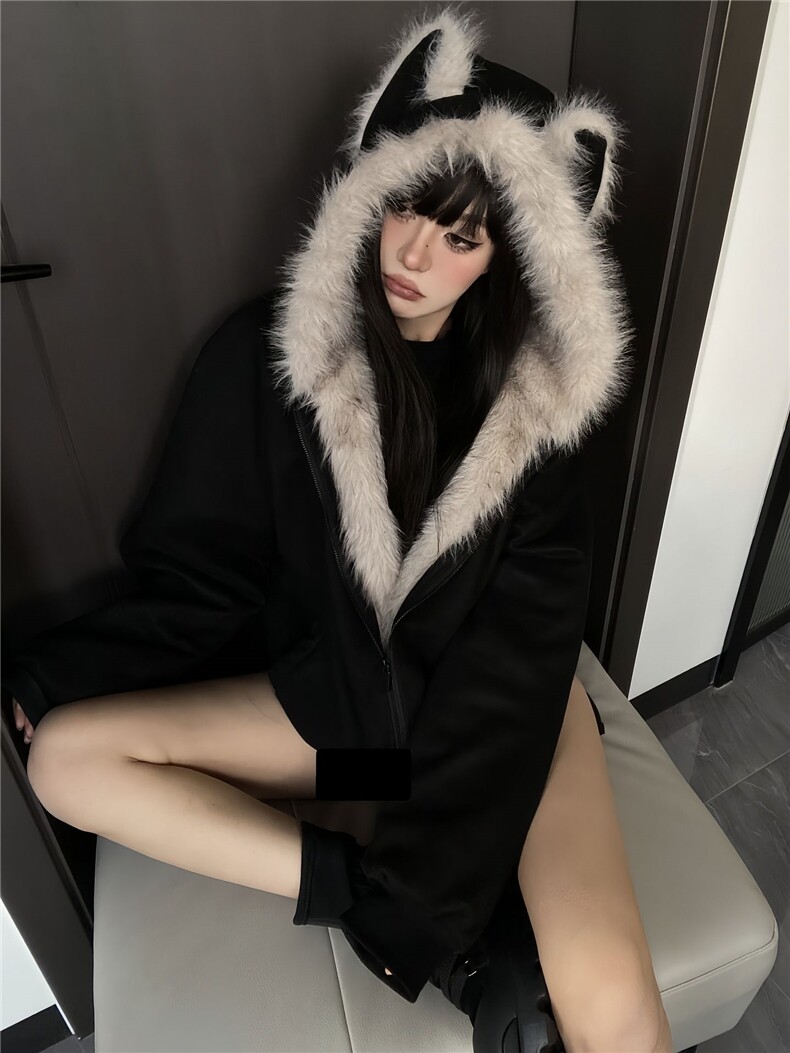 网图座山雕秋冬季连帽猫耳朵棉衣男女情侣装棉服外套潮流特P99,男装棉衣,电商C306-1