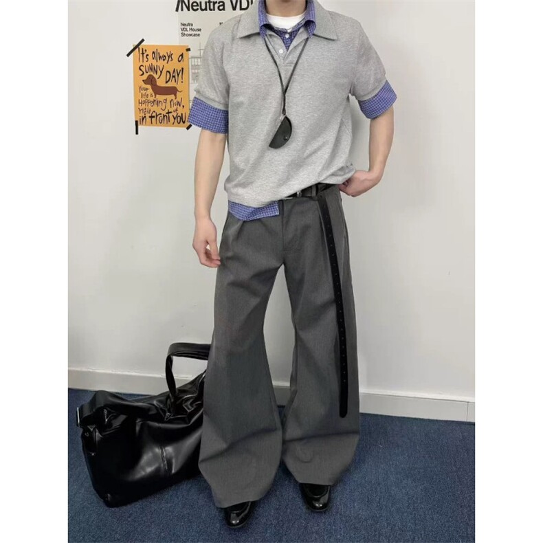 得物抖音高品质二开夏季美式潮牌高街假两件格子衬衣翻领短袖T恤,男装T恤,电商A486