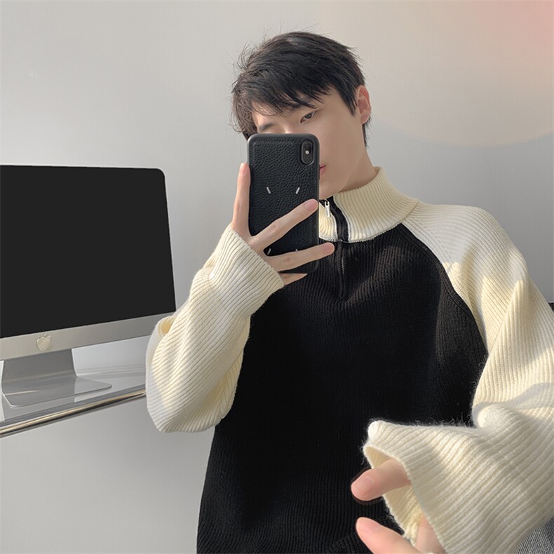 8XL-M半拉链立领毛衣外套男针织衫慵懒拼接插肩袖线衣MY19001P78，男装针织衫/毛衣，电商B312