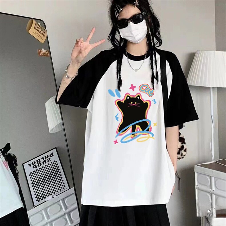 抖音得物供货240克宽松纯棉美式潮牌印花插肩袖拼接短袖T恤AT1519,男装T恤,电商A443