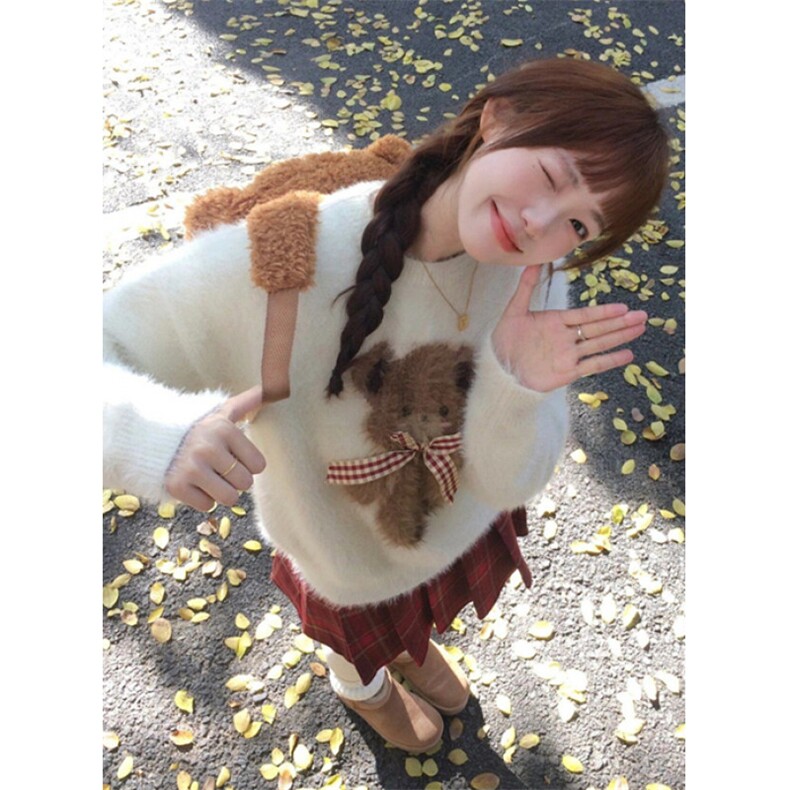 甜美可爱小熊蝴蝶结提花毛衣女学生秋冬慵懒风针织衫MY6047,男装针织衫/毛衣,星座1116A（原606A-3）