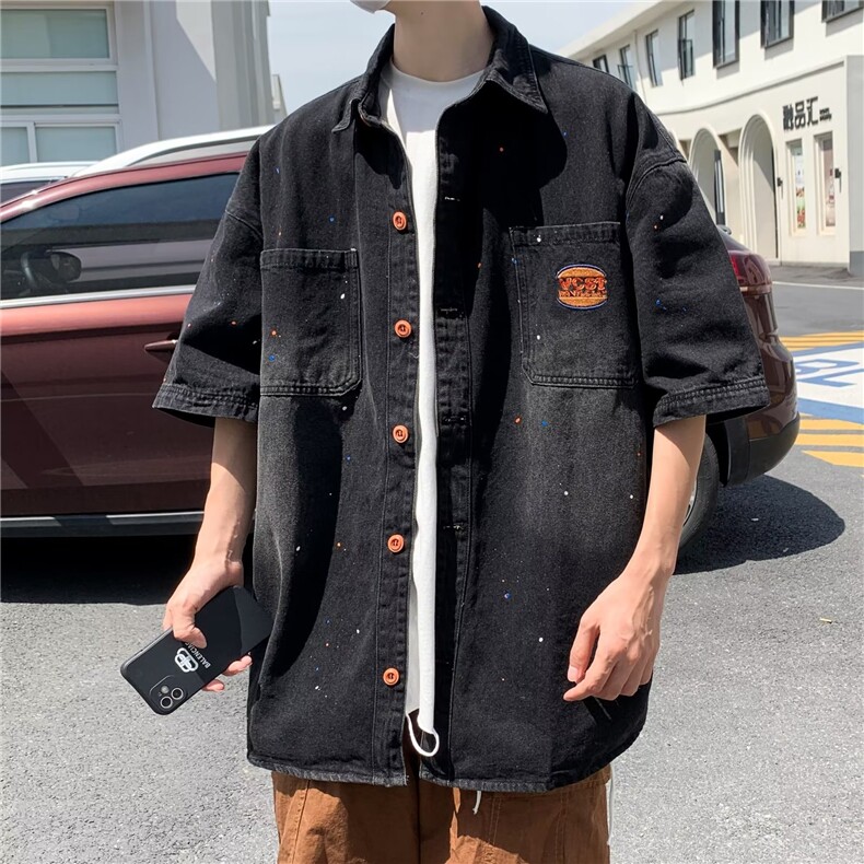 夏季短袖牛仔衬衫男ins潮牌港风日系休闲宽松半袖外套CY346-P53,男装衬衫,星座412-3