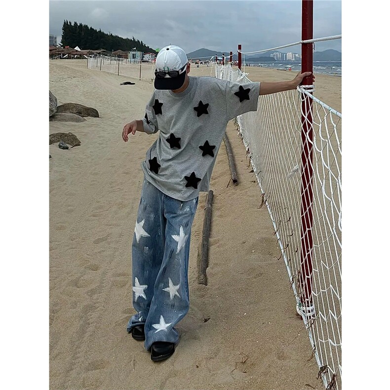 油漆涂鸦五角星牛仔裤男女款做旧宽松直筒裤XX725,男装牛仔裤,星座208-5