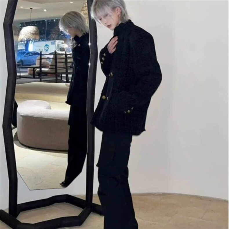 春秋冬季高级感韩版时尚套装短款小香风毛呢西服男士编织法式外套,男装西服,四季星座505
