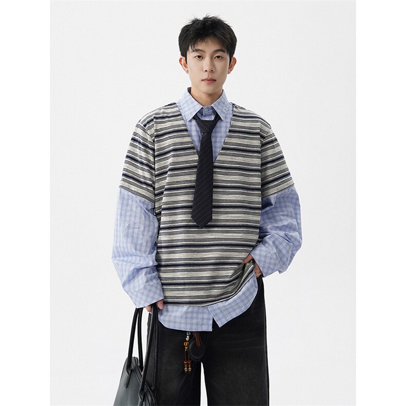 S-3XL小众设计感条纹翻领拼接假两件POLO衫长袖情侣装CX3005P68，男装衬衫，电商D206-1