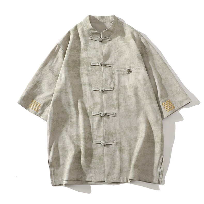 风铜扣盘扣刺绣中式立领衬衫透气开衫短袖潮A087-1-YM663P85，男装T恤，电商A087-1