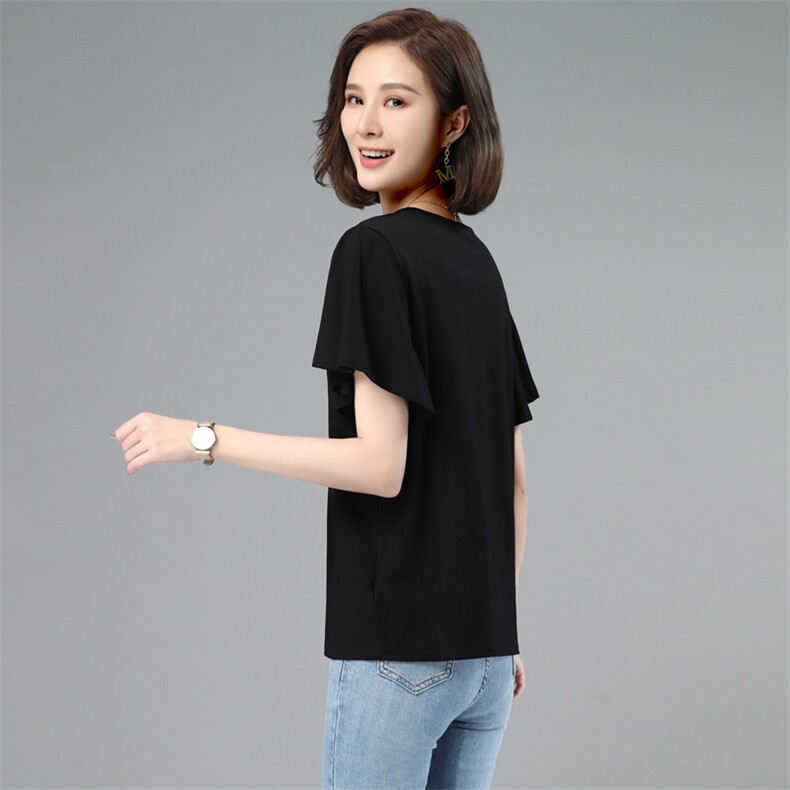 板酷2026夏装新款时尚宽松荷叶袖短袖圆领T恤女夏季B611,女装T恤,板酷